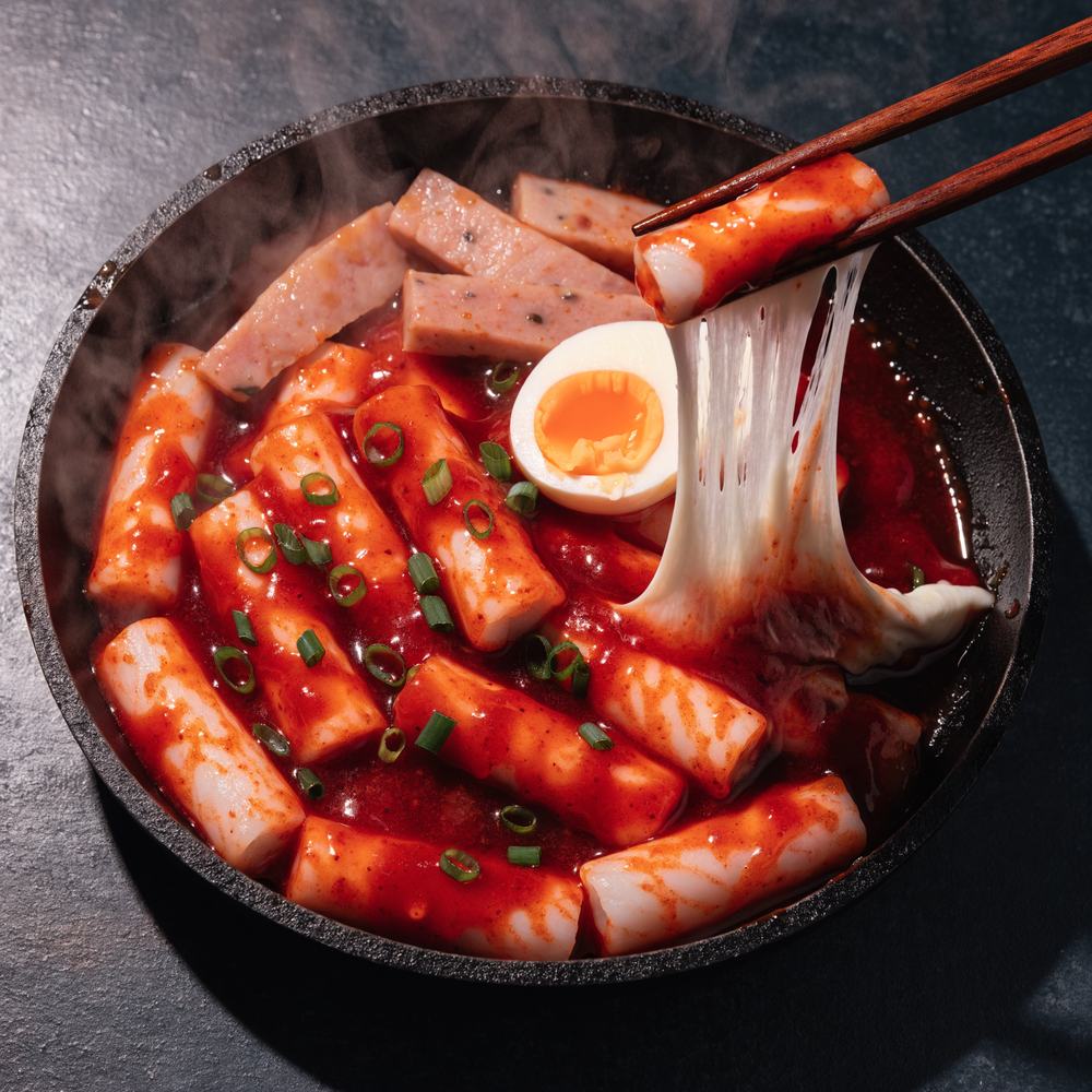Tteokbokki rice cakes in red sauce with melted cheese