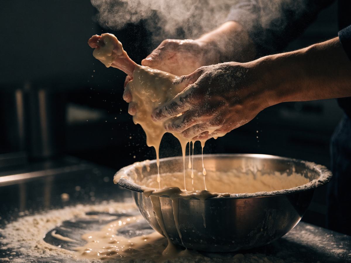 Chef dredging chicken through fresh batter