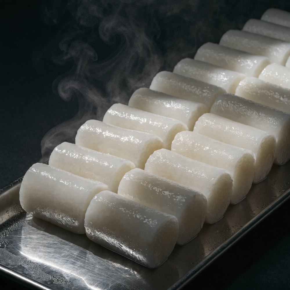Freshly steamed rice cakes on a steel tray